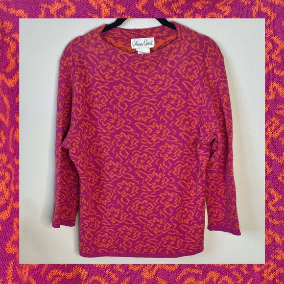 Vintage 1980s Funky Abstract Floral Print Knit Slinky Stretch Sweater size L - Picture 1 of 5